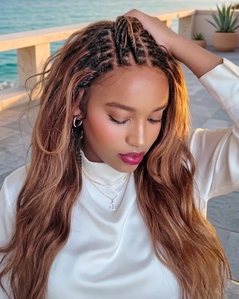 Jaliza Michelle Warm Toffee Brown Blend Color 4/30 Pre Bleached Human Hair Knotless Bora Bora Wig with loose body curls