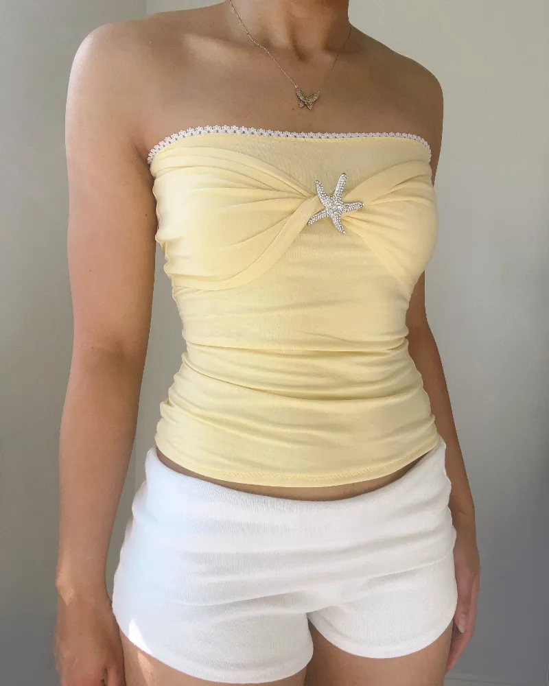 Bit By Angie Emmy starfish tube top butter yellow rhinestone pin