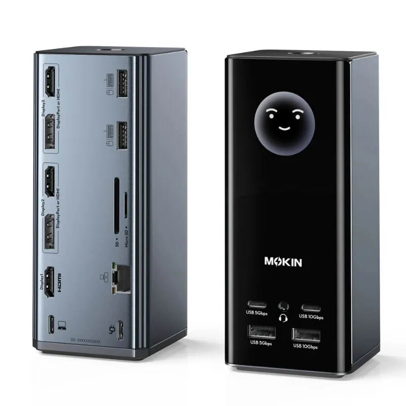 MOKiN 17-in-1 USB-C Docking Station for Triple Monitors with Smart LCD showing multiple ports and display screen