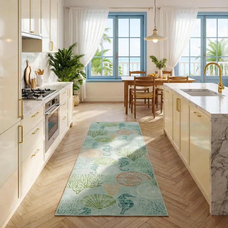 Tribesigns boho coastal area rug with repeating seahorse pattern in navy and off-white