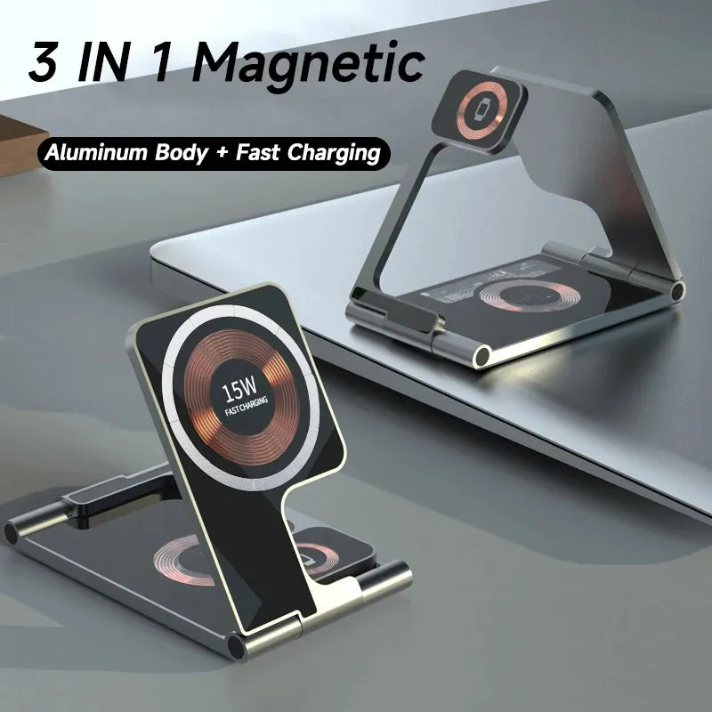Kicklo 3 in 1 Foldable Magsafe Wireless Charger with tempered glass surface and alloy body