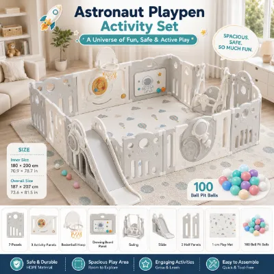MamaRaya Astronaut Baby Playpen Activity Center with space-themed panels and play area