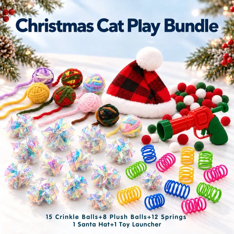 4FurBaby Christmas Cat Toy Bundle with Ball Launcher, Bell Balls & Santa Hat showing festive toy set