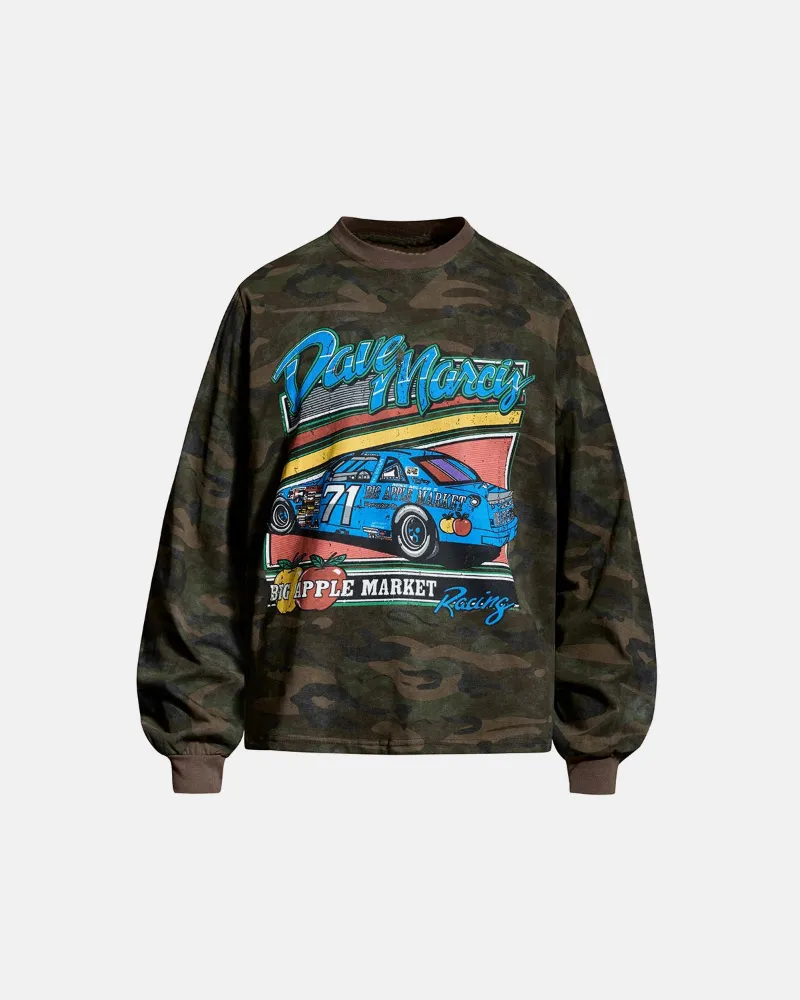 INFLATION Camo Racing Graphic Long Sleeve TShirt with retro motorsport artwork on all-over camouflage pattern