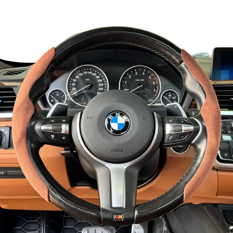 Luxus Car Mats Alcantara Minimalist Steering Wheel Cover, Sport Grip, Marrone Toscano color close-up