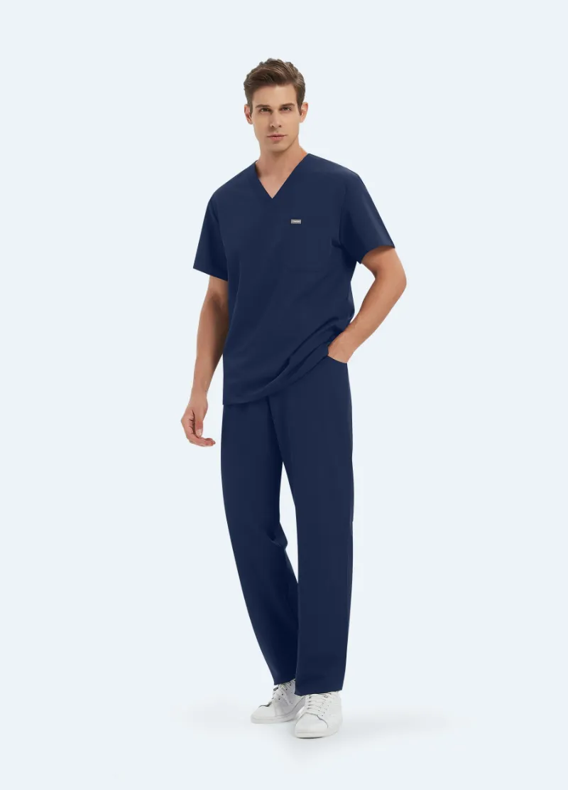 COMENII ProEase Essential Scrub Set in navy blue with V-neck top and straight-leg pants