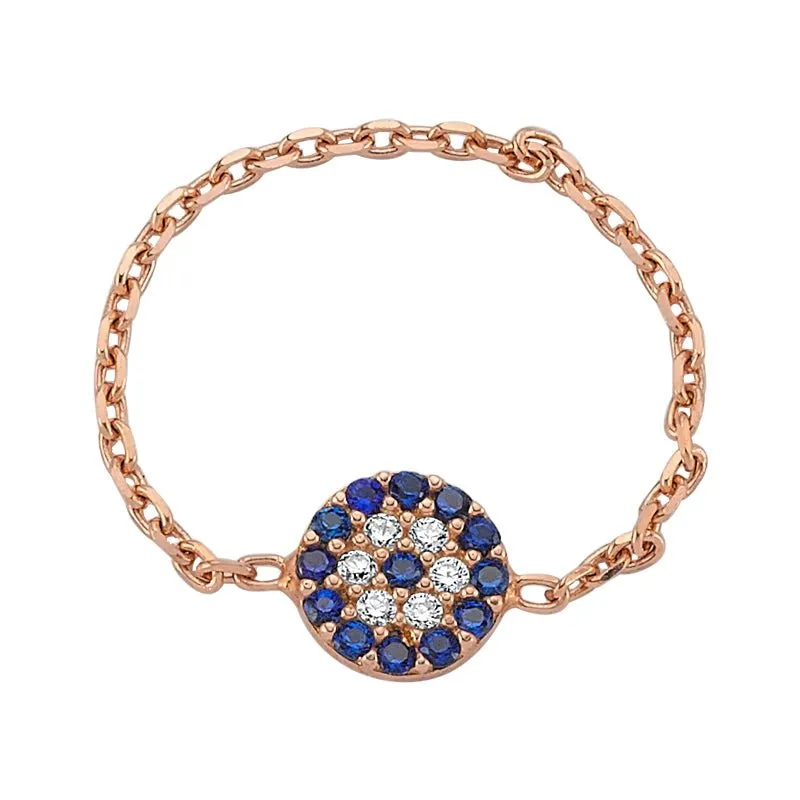 Amorium Jewelry Evil Eye Fashion Chain Silver Ring with blue crystals and evil eye charm