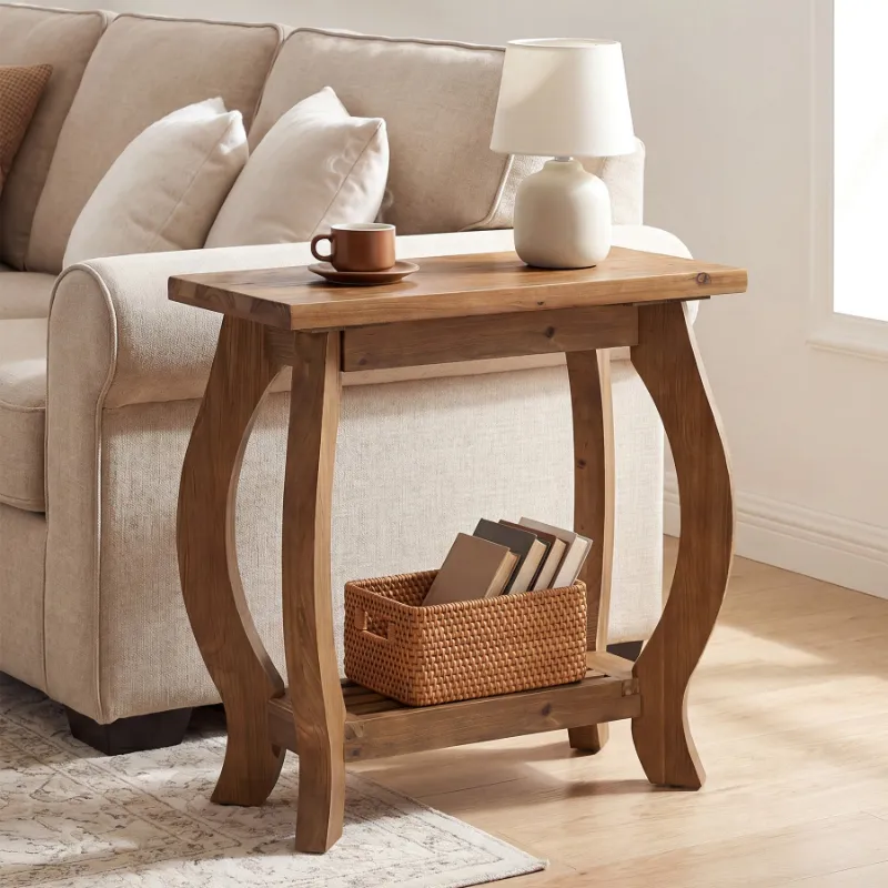 Tribesigns 2-Tier Solid Wood End Table with curved legs and lower shelf in natural finish