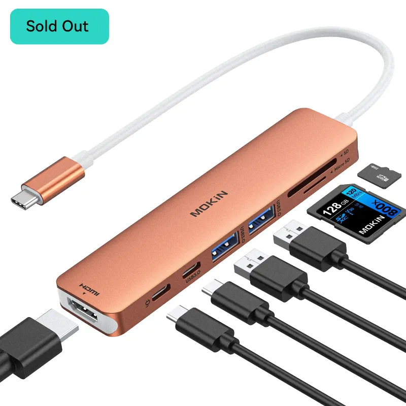 MOKiN 7 in 1 USB-C Dongle with HDMI/PD/USB/SD/TF Ports showing connections