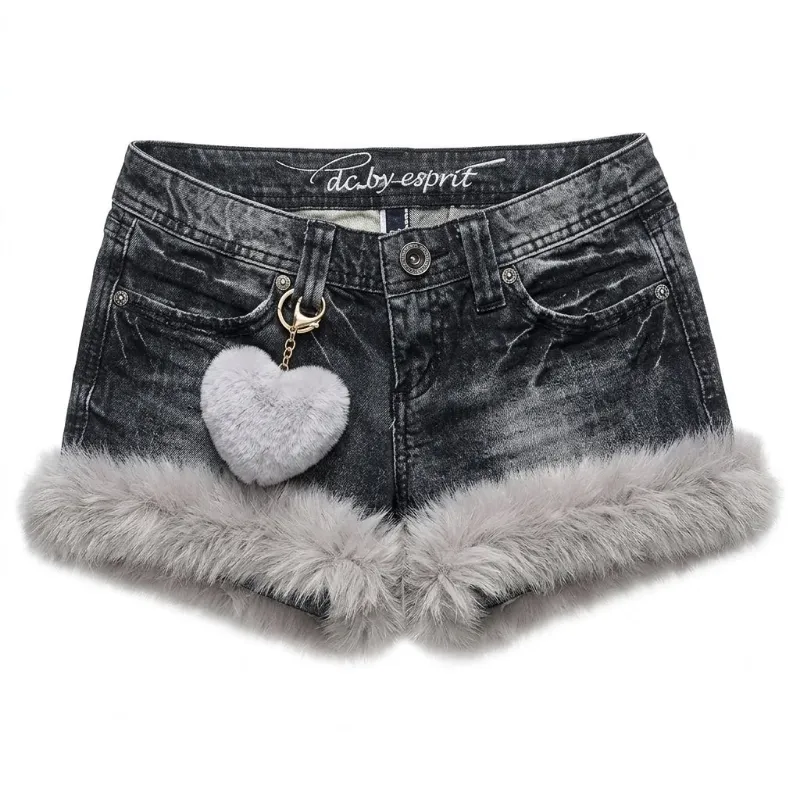 Shoptery Gyaru Acid Wash Denim Micro Shorts with Faux Fur Trim and Heart Charm in ash-gray with plush edging
