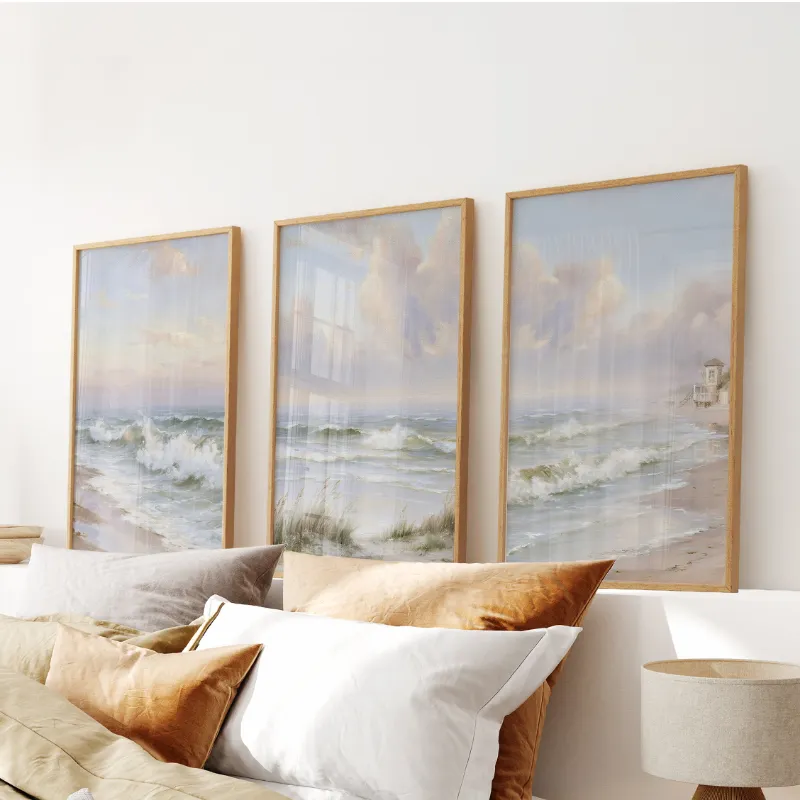 Wall Art Set Beach Landscape Set of 3 Wall Decor showing serene ocean waves prints in a bedroom setting