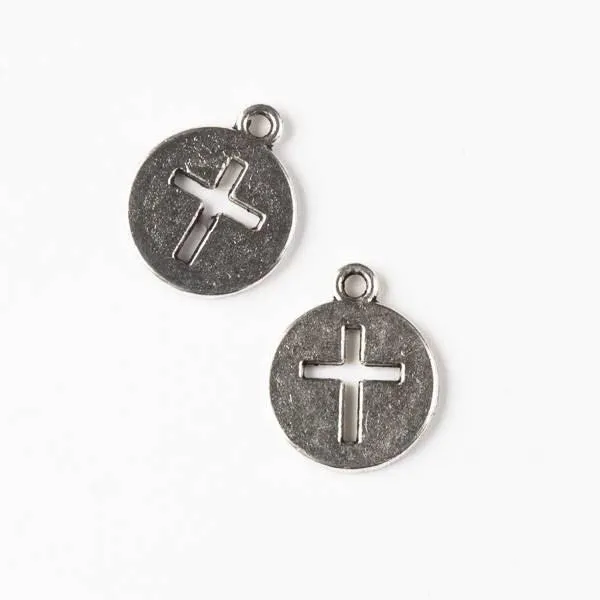 Cherry Tree Beads silver pewter 14x17mm coin charm with cut out cross on a white background