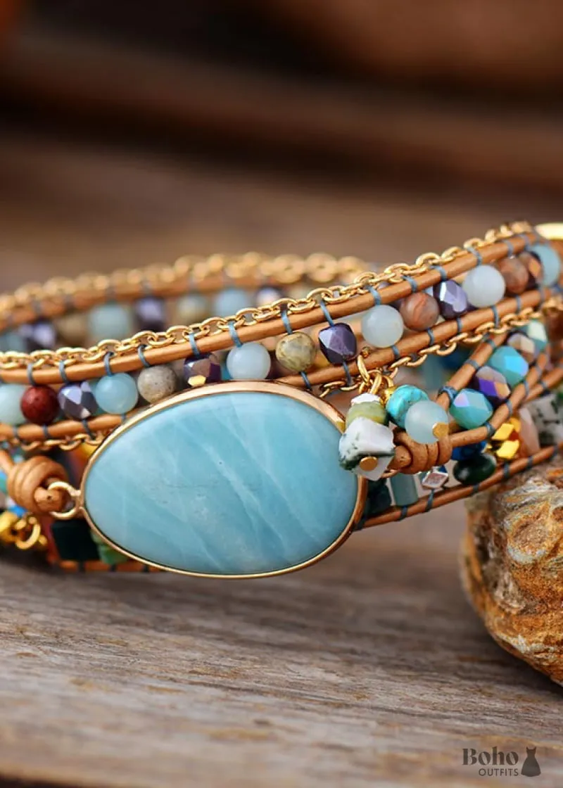 Boho Dress Boho Bracelet, 3 Layers Leather Wrap Bracelet with Ava Amazonite beaded detail