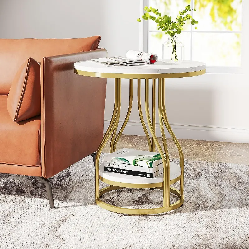 Tribesigns 2-Tier End Table with faux marble top and gold metal frame