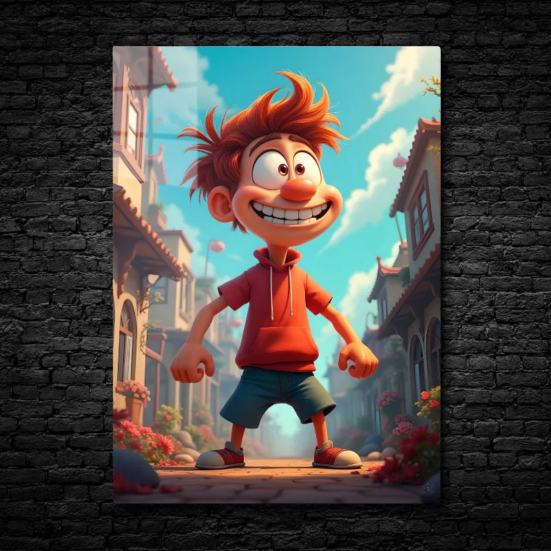 CruArt Rusty the Adventurer metal print featuring a red-haired boy with mischievous grin in colorful clothing
