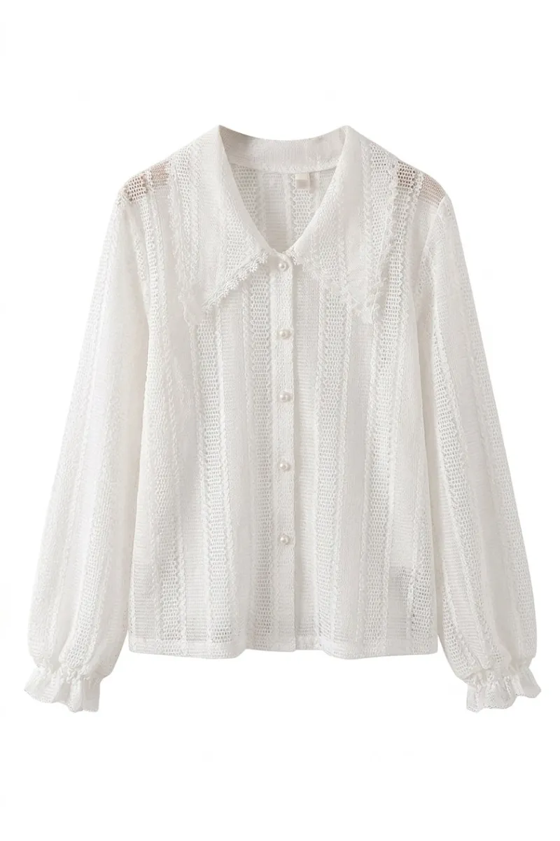 Cottagecore Clothes Ethereal Hollow Crochet Pearl Button Shirt showing open-knit lace blouse with ruffled sleeves