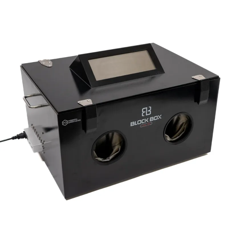 MOS Equipment Mission Darkness BlockBox Lab XL, silver RF-shielded chamber with window and power connections visible