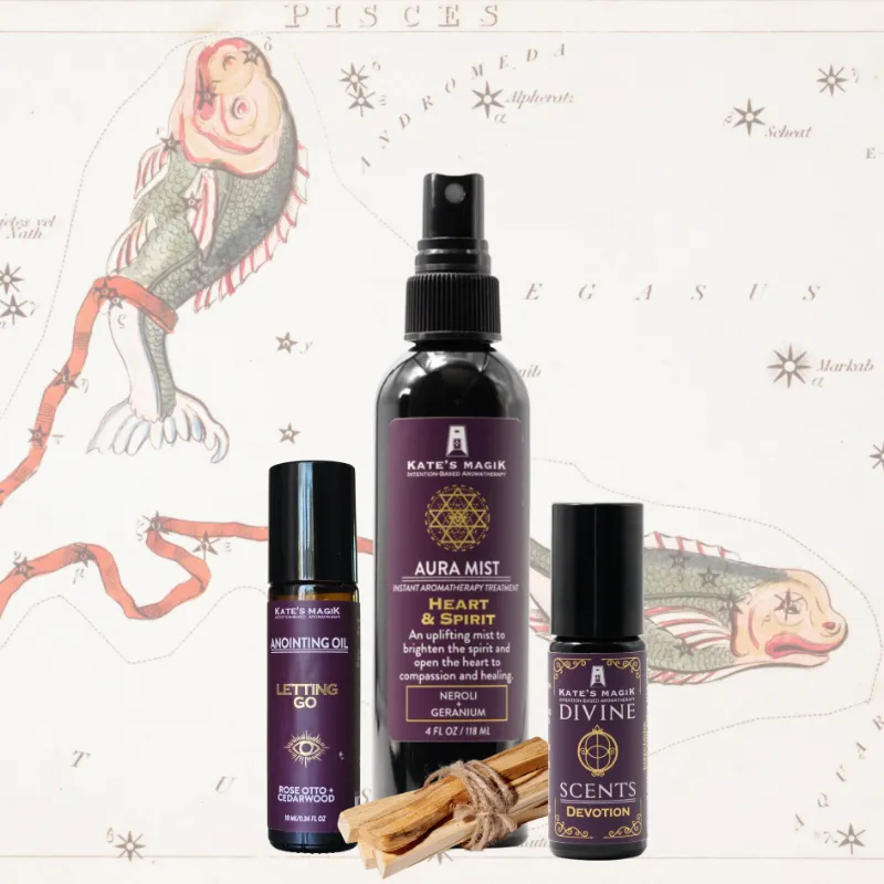 Kates Magik Pisces zodiac gift set with oils, mist, perfume and palo santo for dreamy compassion