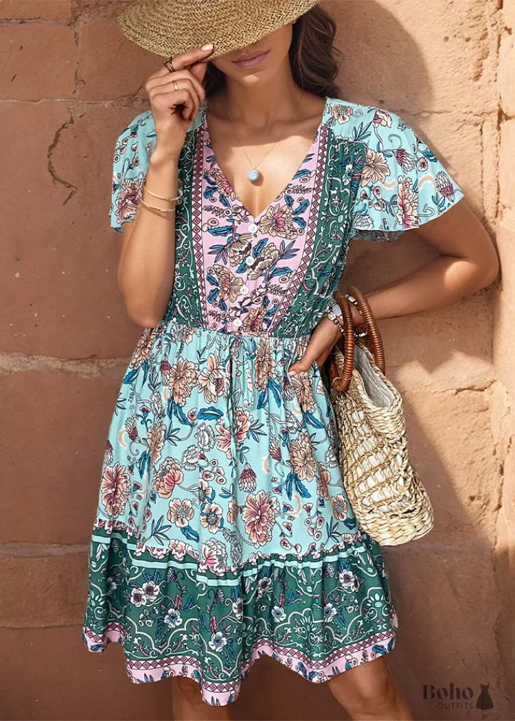Boho Dress Bohemian V-neck Dress, a flowy mini dress in viscose