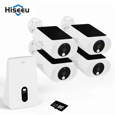 Hiseeu Wireless Pro 4MP Solar Security Camera System with base station and four outdoor cameras