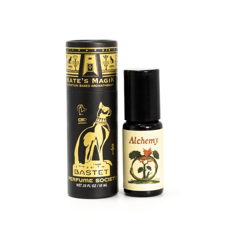 Kates Magik Alchemy Perfume Roll-On in violet glass bottle with Ouroboros symbol