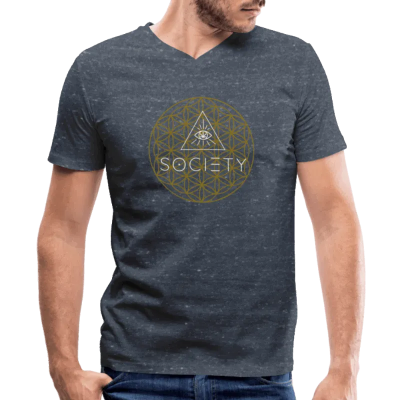 Society's Plant SOCIETY Flower of Life Men's V-Neck T-Shirt with sacred geometry and gold metallic design