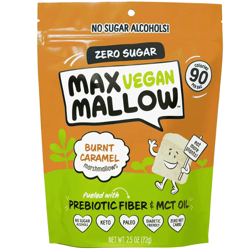 Max Sweets Vegan Burnt Caramel Sugar-Free Marshmallows bag on a tabletop