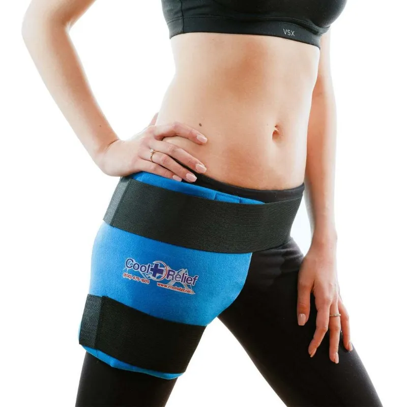 Cool Relief Soft Gel Hip Ice Pack wrapped around a hip with adjustable straps
