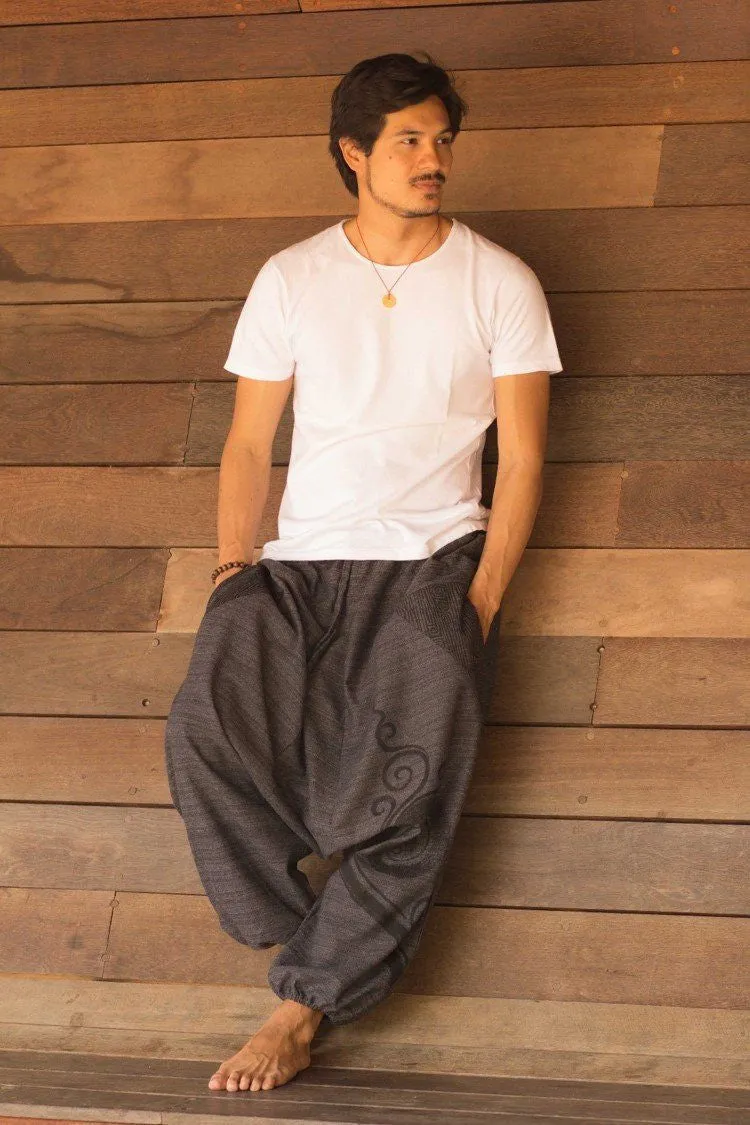 Hippie Pants Charcoal Black Tribal Pants, black menswear with asymmetric tribal swirl patterns