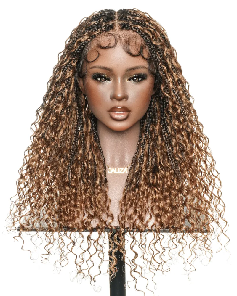 Jaliza 22 Inch Pre Bleached Water Wave Boho Box Braided Wig showing long black braids with wavy curls