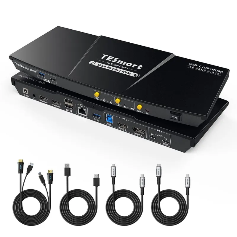 TESmart Dual 4K60Hz Hybrid KVM Docking Station Kit with USB-C, MST, and EDID