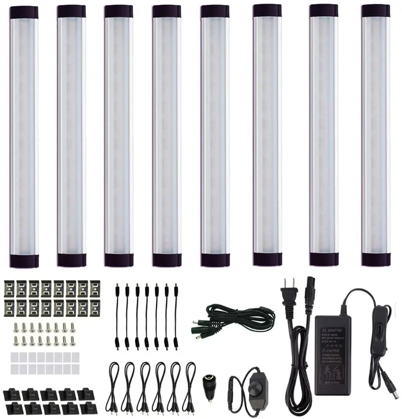 AIBOO 12V Linkable LED Under Cabinet Light Bar with Dimmer and Adapter 8 Lights showing eight slim aluminum bars