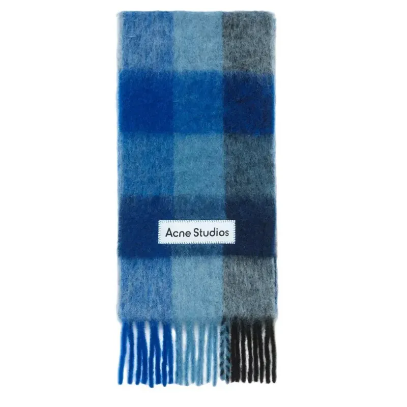 AfewVibe Acne Studios Mohair checked scarf Dark Navy Black Blue, long oblong scarf with woven check pattern and fringe