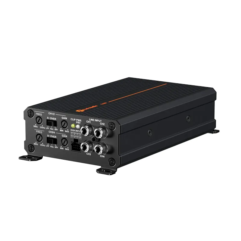 Fosi Audio CA30 Car Amplifier with four channel outputs and aluminum finned heatsink