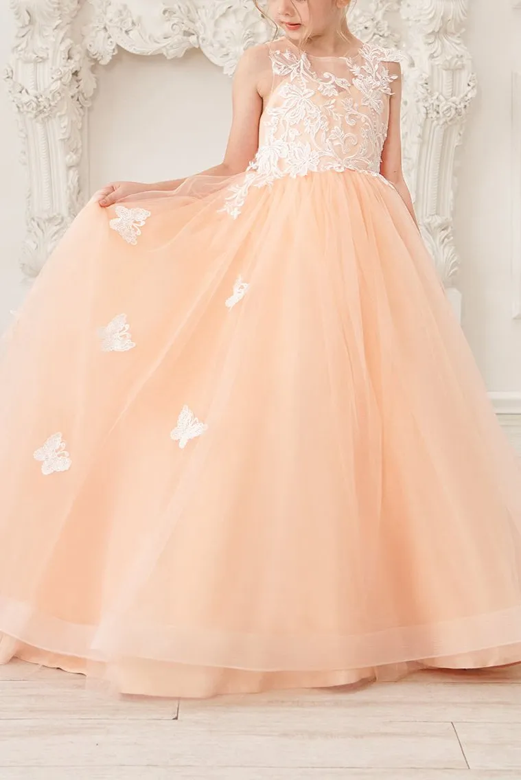 Wehilion Flower Girl Dress Applique Tulle Princess Gown for Wedding, a lace tulle gown with a full skirt