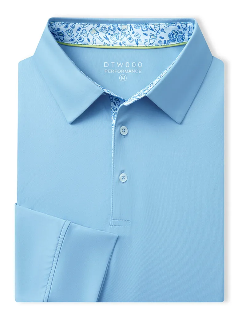 DTWOOO Designed Collared Long Sleeve Golf Polo in light blue with breathable fabric