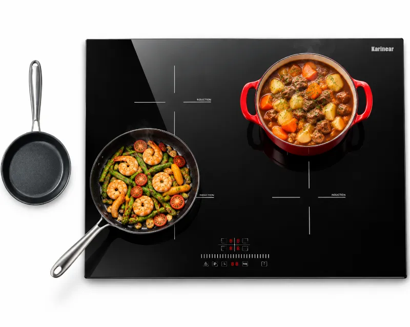 Karinear Appliances 30 Inch 4 Burner Drop in Induction Cooktop With Cast Iron Pot, black glass surface with four burner zones and included p
