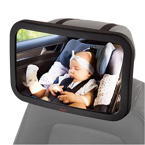 Lusso Gear Baby Car Mirror mounted on a car headrest with 360-degree swivel shown