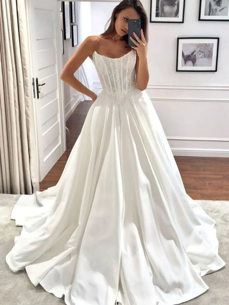 Selinadress A line Strapless Lace Wedding Dresses Rustic Bridal Gowns CBA026 strapless satin gown with lace detail