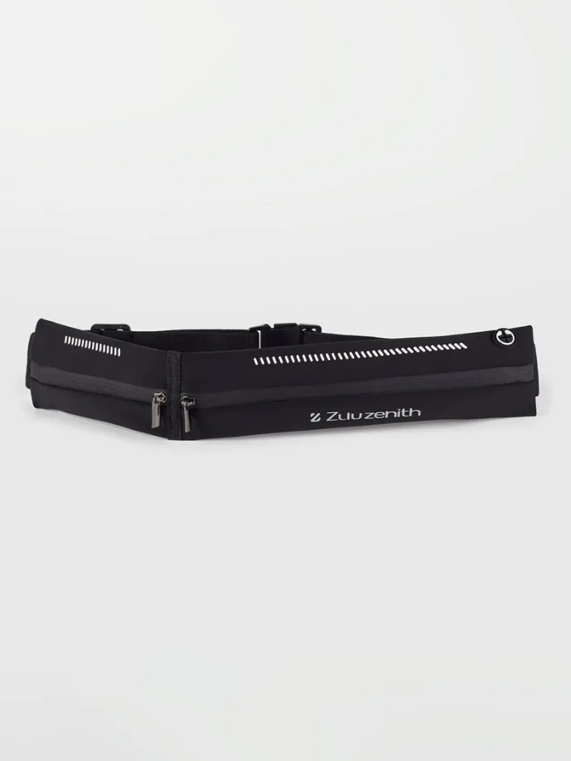 Zuluzenith Adjustable Running Belt with Water-Resistant Pockets in black with foldable pocket detail
