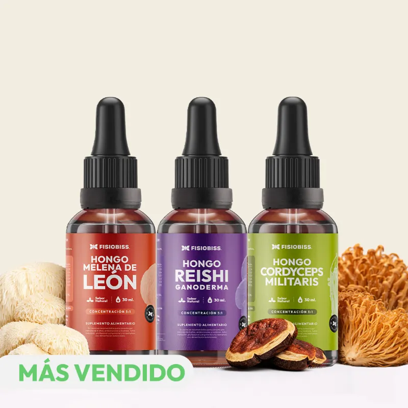 Fisiobiss Energía, Foco y Relajación kit with three mushroom extract bottles