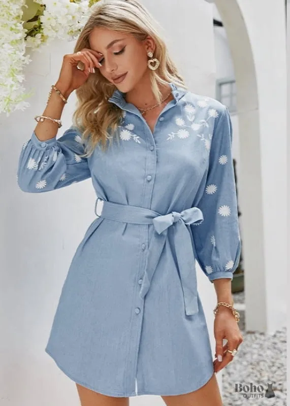 Boho Dress Blue Boho Office Mini Dress, short dress in blue with flowy fit