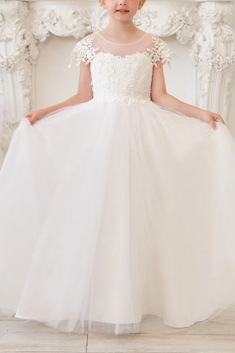 Wehilion Flower Girl Pageant Gown Tulle Dress with Elegant Appliques, a layered tulle gown with applique details