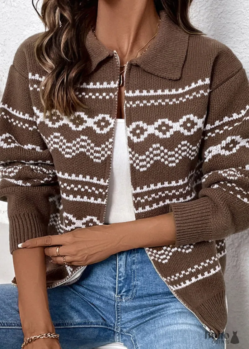 Boho Dress 2024 New Style Lapel Casual Knitted Sweater in coffee brown with button-up front