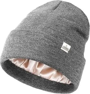 Yanibest Butter Satin Lined Knit Skull Beanie in Light Grey shown on model