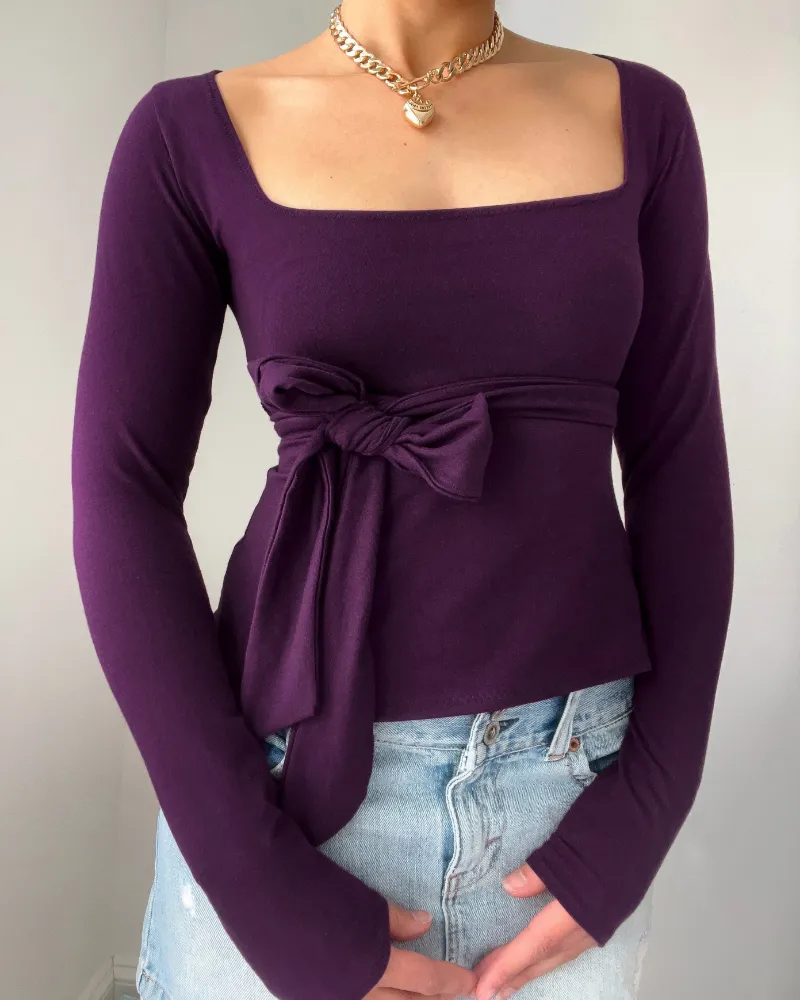 Bit By Angie Addison tie waist babydoll long sleeve in deep purple with square neckline
