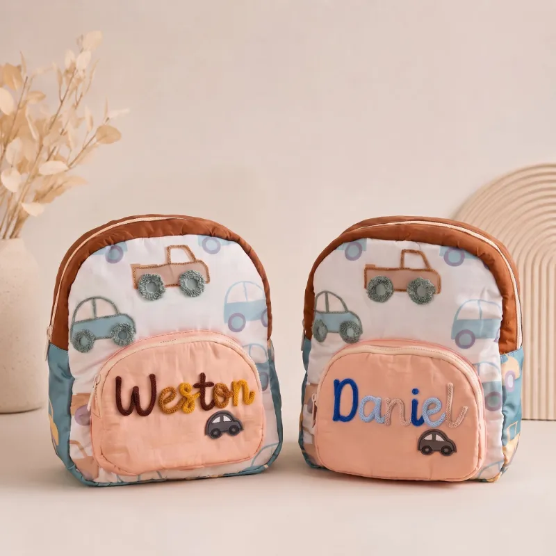MamaRaya Personalized Kids Car Backpack with raised yarn name detail