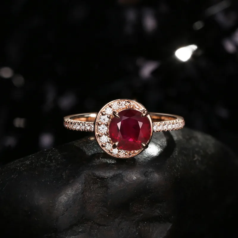 Starlandus Full Moon round cut natural ruby crescent moon engagement ring with half eternity band