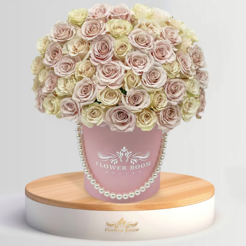 Flower Boom Dallas Light Pink And Cream Roses In A Box with pearl handle