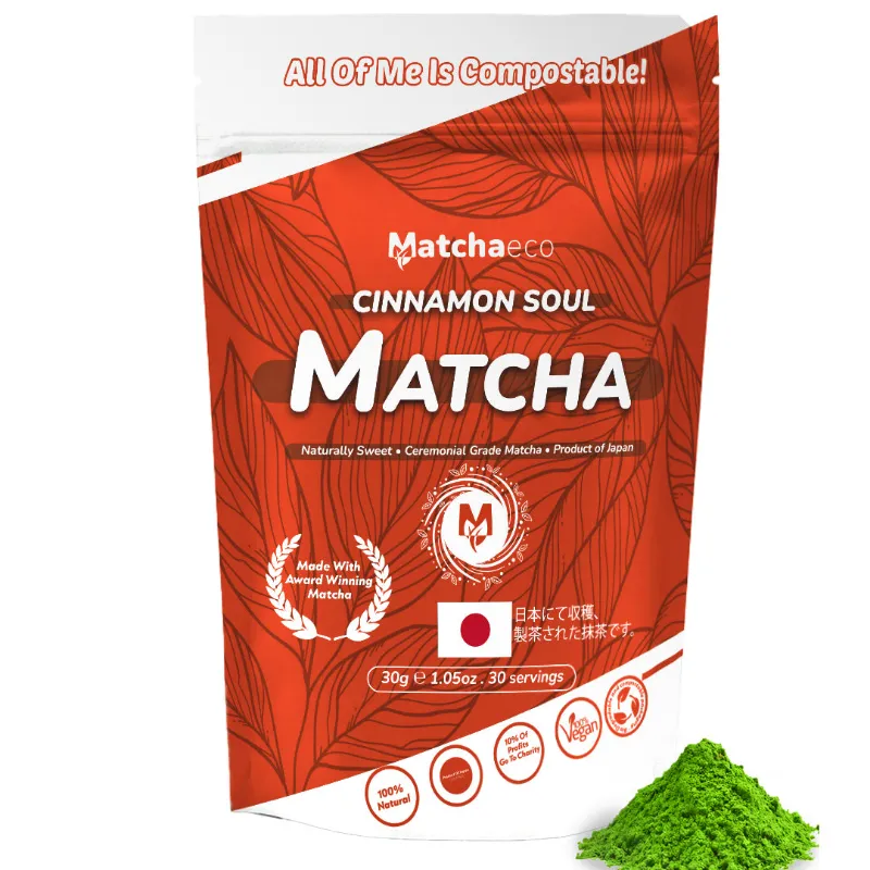 Matchaeco Cinnamon 'Soul' Matcha Compostable Pouch 30g, showing the sealed pouch of green matcha powder